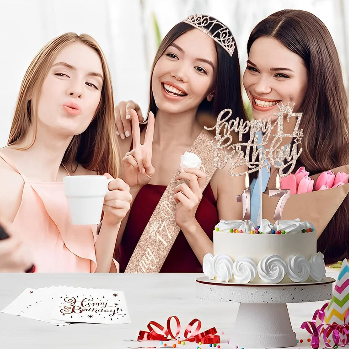 17th Birthday Decorations for Girls Including Birthday Girl Sash, Crown, Numeral Candles and Cake