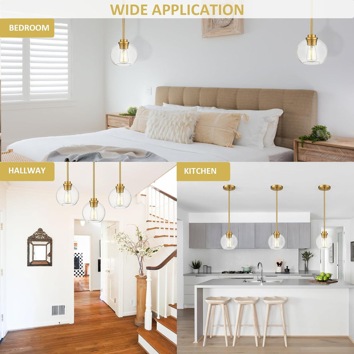 Pendant Lights Kitchen Island, Modern Gold Pendant Light with Clear Glass, 7 Inch Farmhouse Hanging