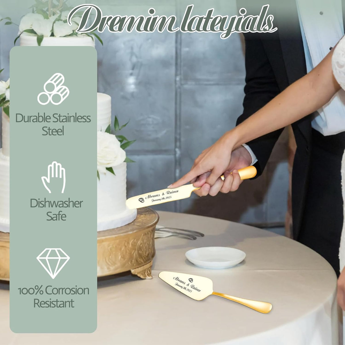 Personalized Wedding Cake Knife and Server Set - Custom Name Engraved Cutting Set with Elegant Gift