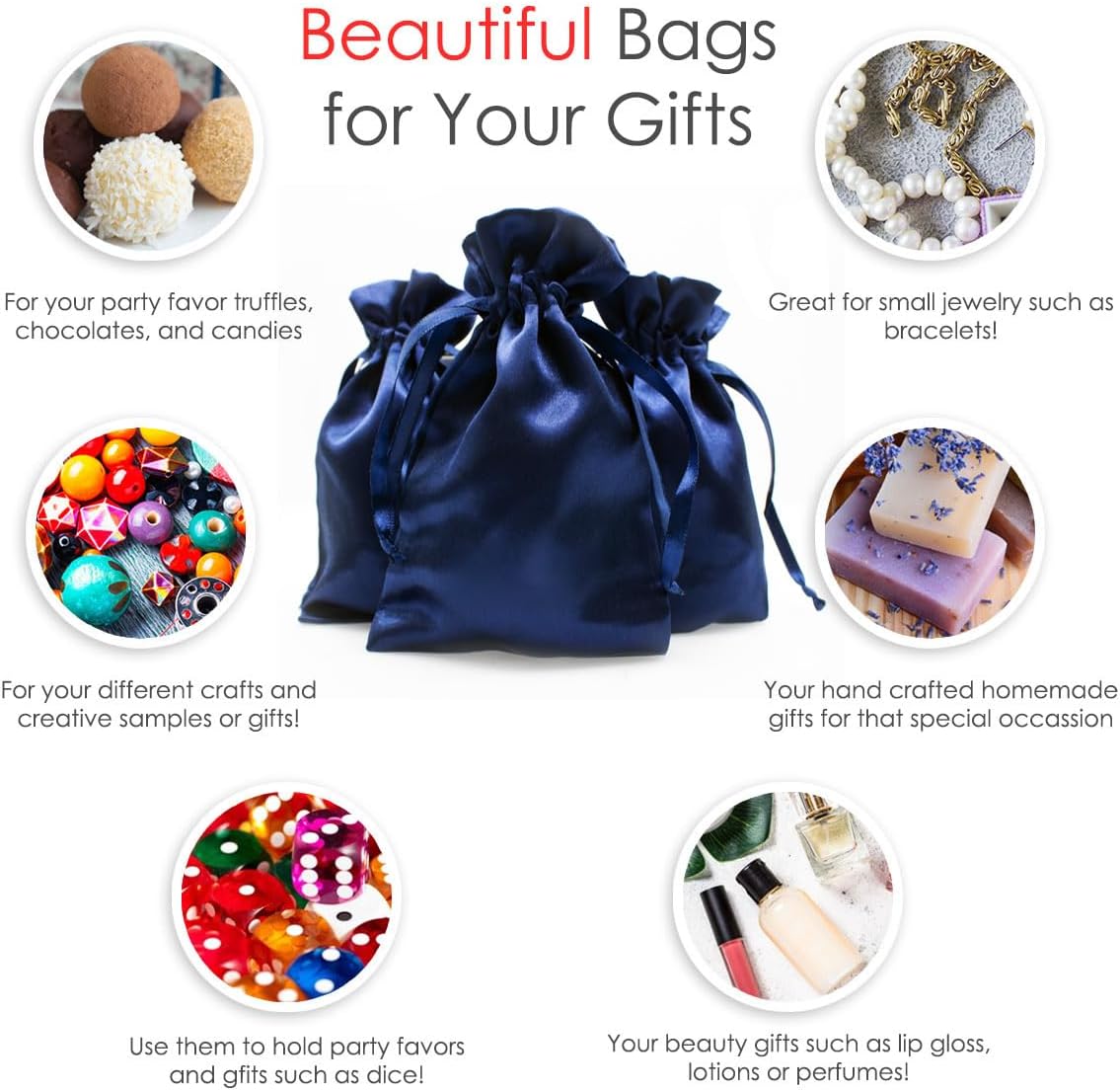4" x 6" Navy Blue Satin Gift Bags, Jewelry Bags, Wedding Favor Drawstring Baby Shower Christmas 50