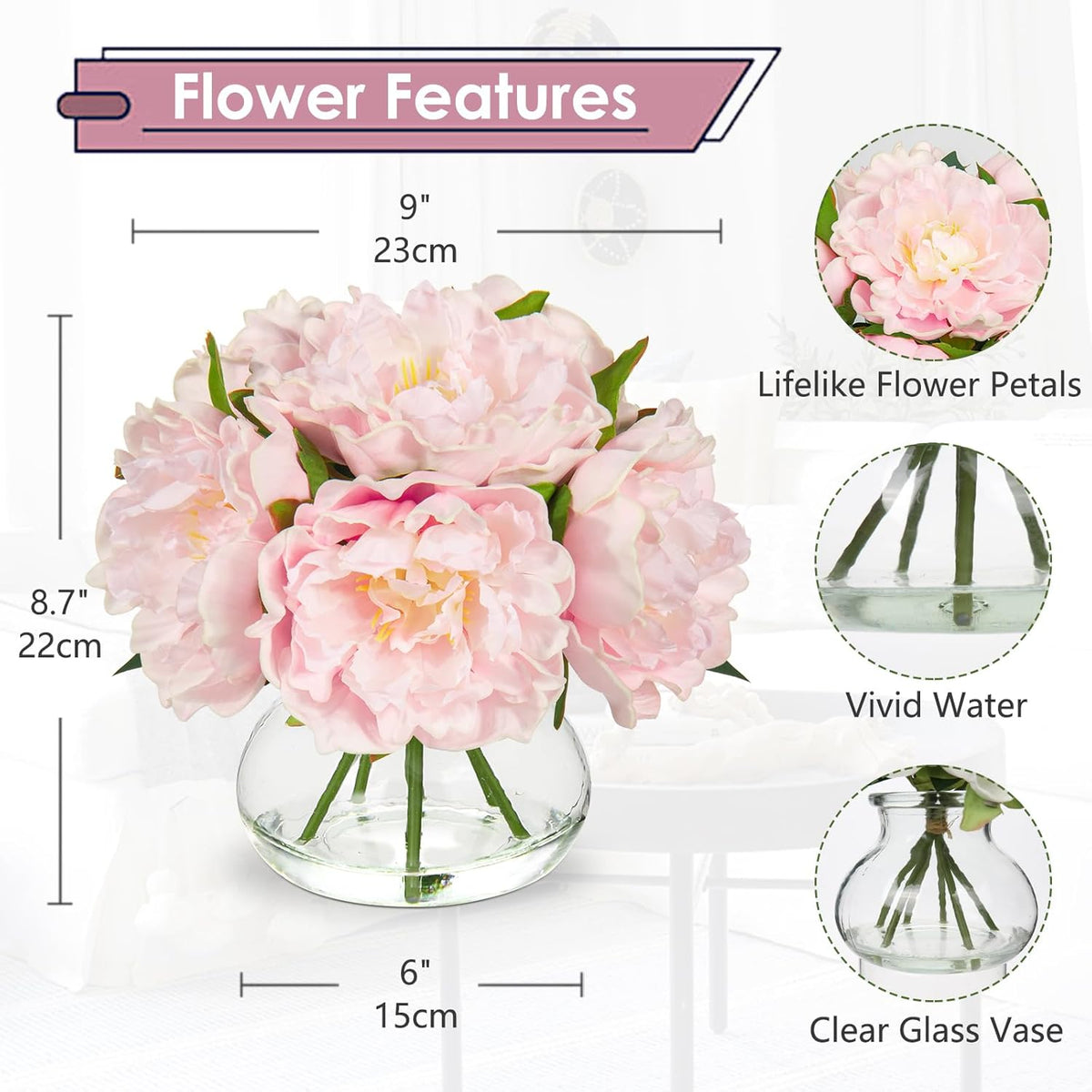 Hollyone Pink Peonies Artificial Flowers with Vase Faux Flowers Peony Fake Flowers Silk Flower
