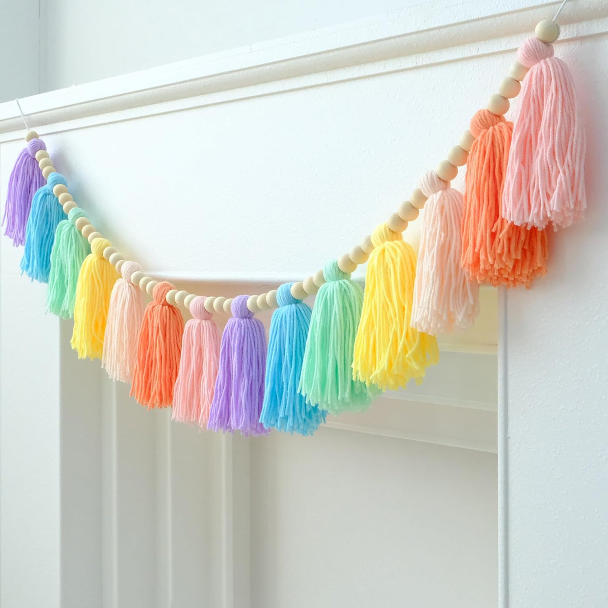 Pastel Rainbow Boho Tassel Garland Wall Hanging with Wood Beads for Baby Shower Birthday Party