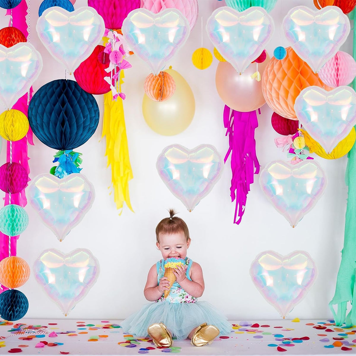 Iridescent Heart Balloons,12Pcs 18Inch Iridescent Heart Shaped Foil Helium Polyester Film Balloons