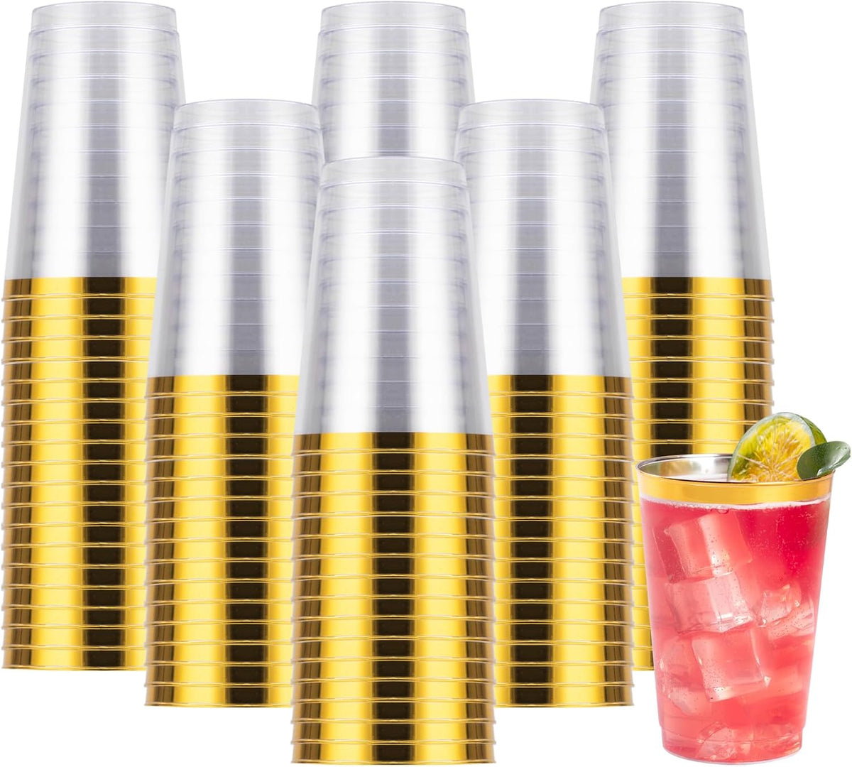 Goodluck 200PCS 12oz Gold Plastic Cups for Party, Disposable Gold Rim Cups, Plastic Cocktail