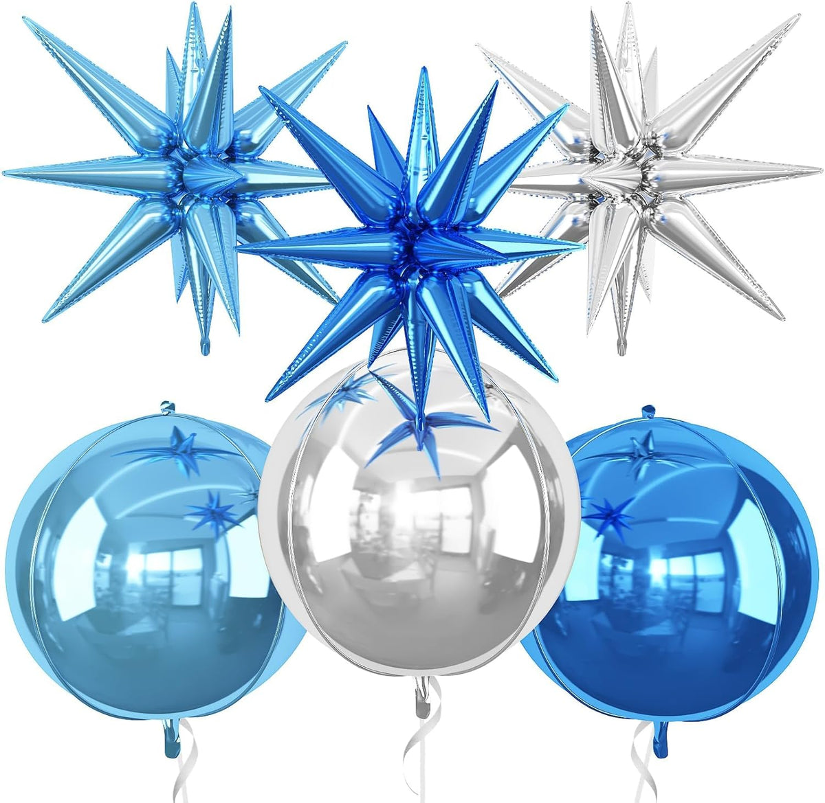 6Pcs Blue Silver Foil Balloons,22Inch Light Blue Silver 4D Round Ball Balloon and Explosion Star