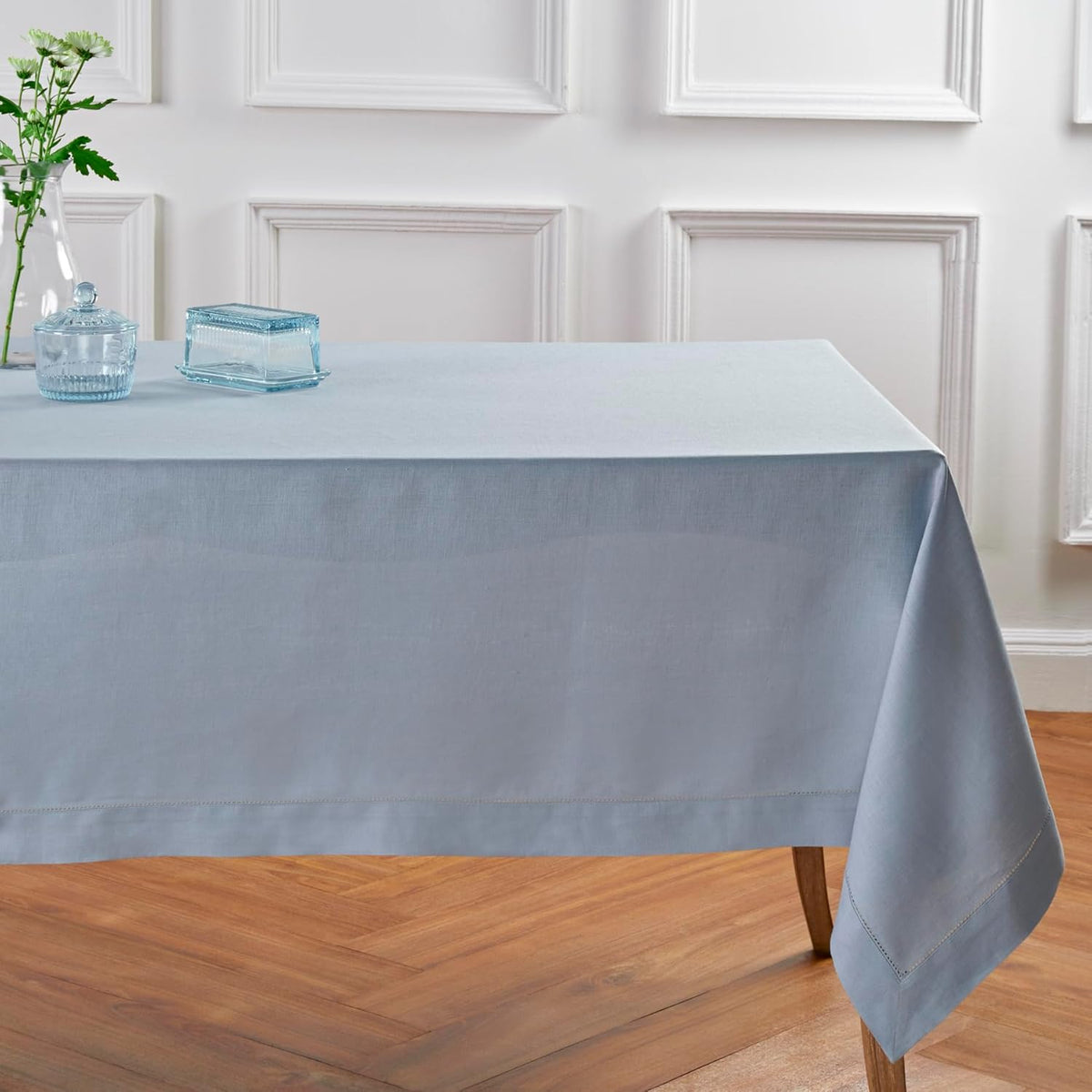 Solino Home Dusty Blue Linen Tablecloth 60 x 108 Inch - 100% Pure Linen Hemstitch Table Cloth for