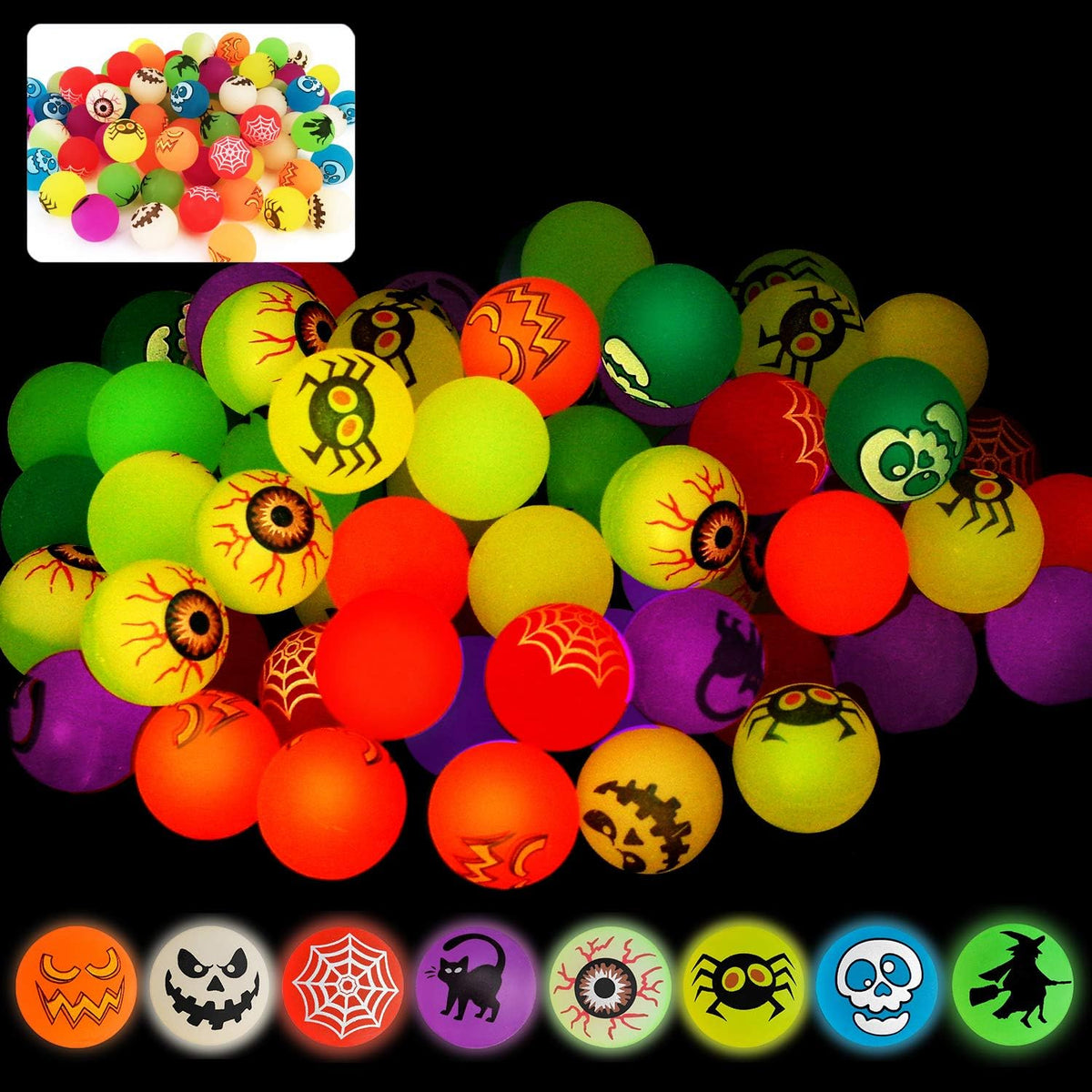 72 Glow in The Dark Bouncing Balls,8 Halloween Theme Designs for Halloween Party Favor Supplies