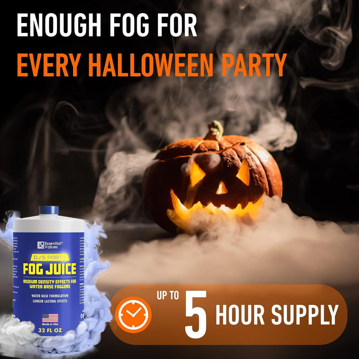 Essential Values Fog Machine Liquid - Long-Lasting Fog Juice for Smoke Machine Extreme