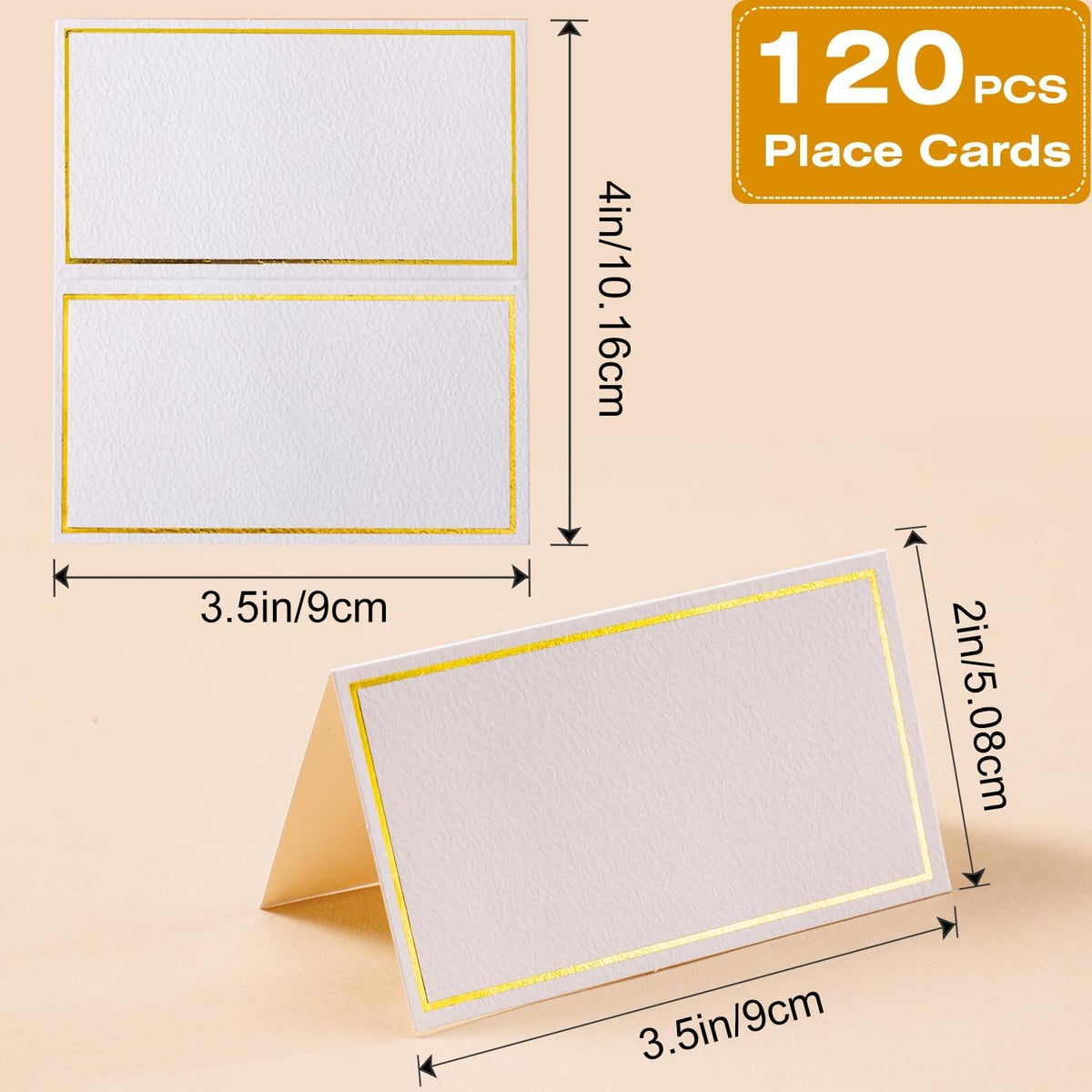 120Pcs Premium Place Cards, Small Table Cards with Gold Foil Border, 2" x 3.5" Tent Cards, Escort