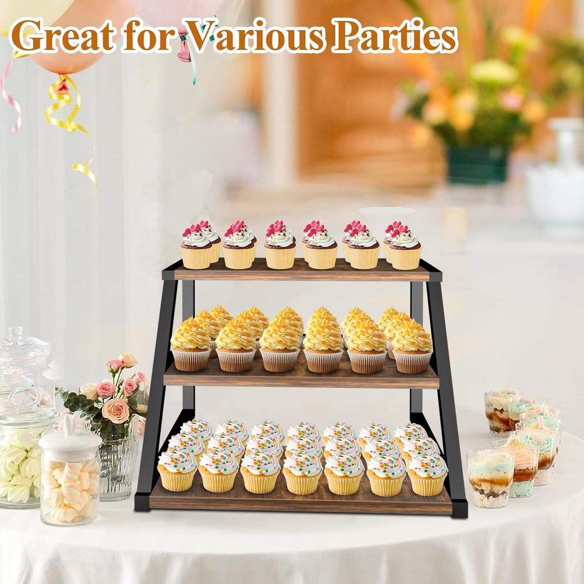 Cupcake Stand, 3 Tier Large Cupcake Stand for 50 Cupcakes Rustic Cupcake Display Stand Square Wood