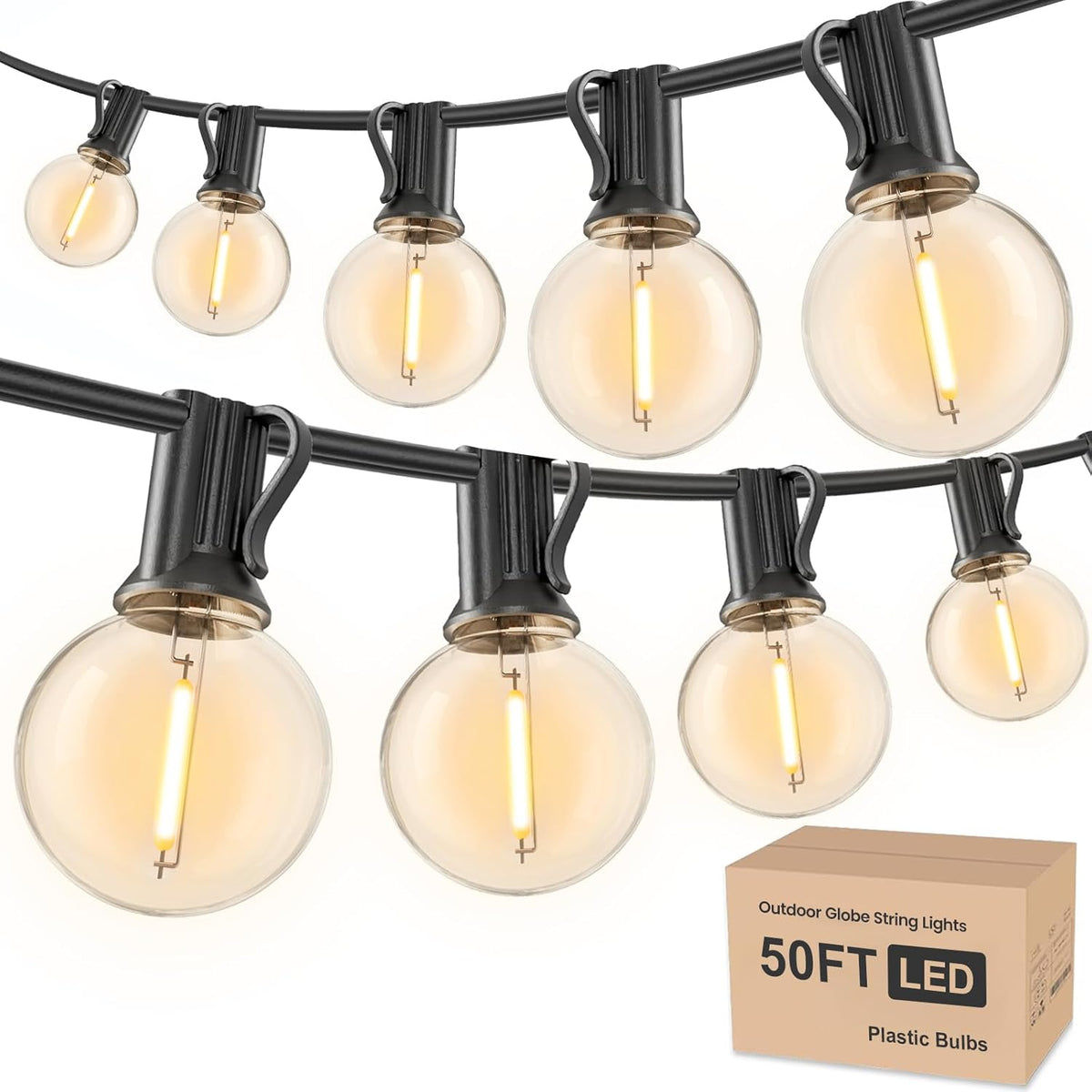 RTTY Outdoor String Lights 50ft, G40 Led Patio Globe Lights with 26pcs Plastic Bulbs, Shatterproof