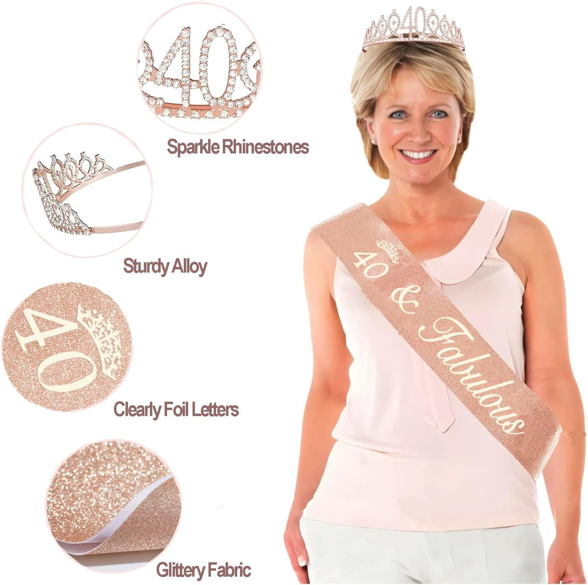 40th Birthday Decorations for Women, Including Crown/Tiara, Sash, Cake Topper and Candles, 40th