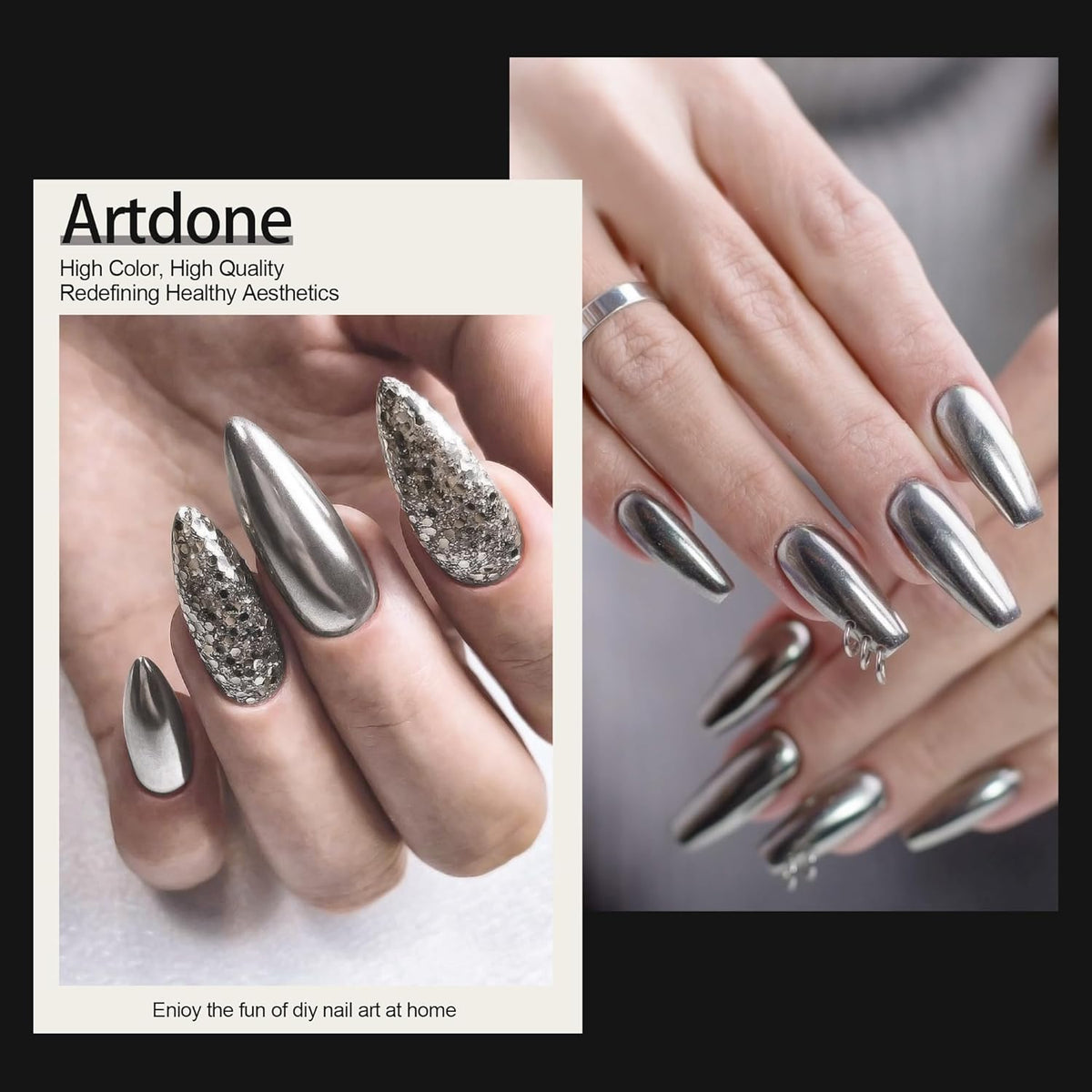 Artdone Chrome Nail Powder, Silver Iridescent Aurora Powder Metallic Mirror Effect Pigment