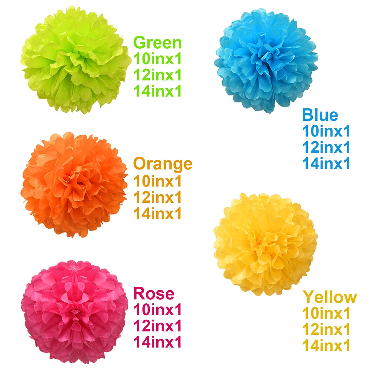 Tissue Pom Pom Paper Flower Ball Party Decorations - 15 Pcs 10, 12, 14 Inch -for Wedding, Birthday