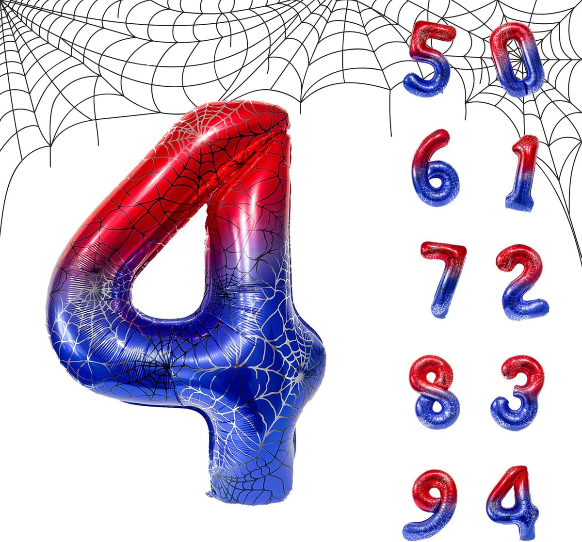 Spider Web 40Inch Foil Number Balloons Set 0-9 Includes Inflation Straws - Giant 4 Decor for