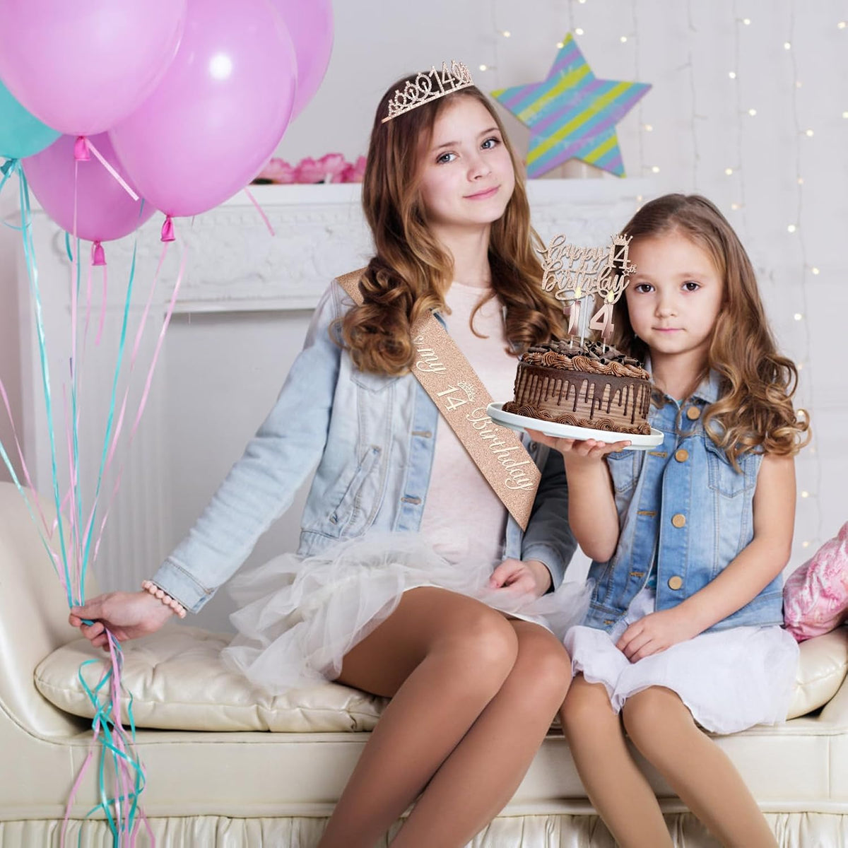 14th Birthday Decorations for Girls Including Birthday Sash and Tiara, Candles and Cake Topper, 14