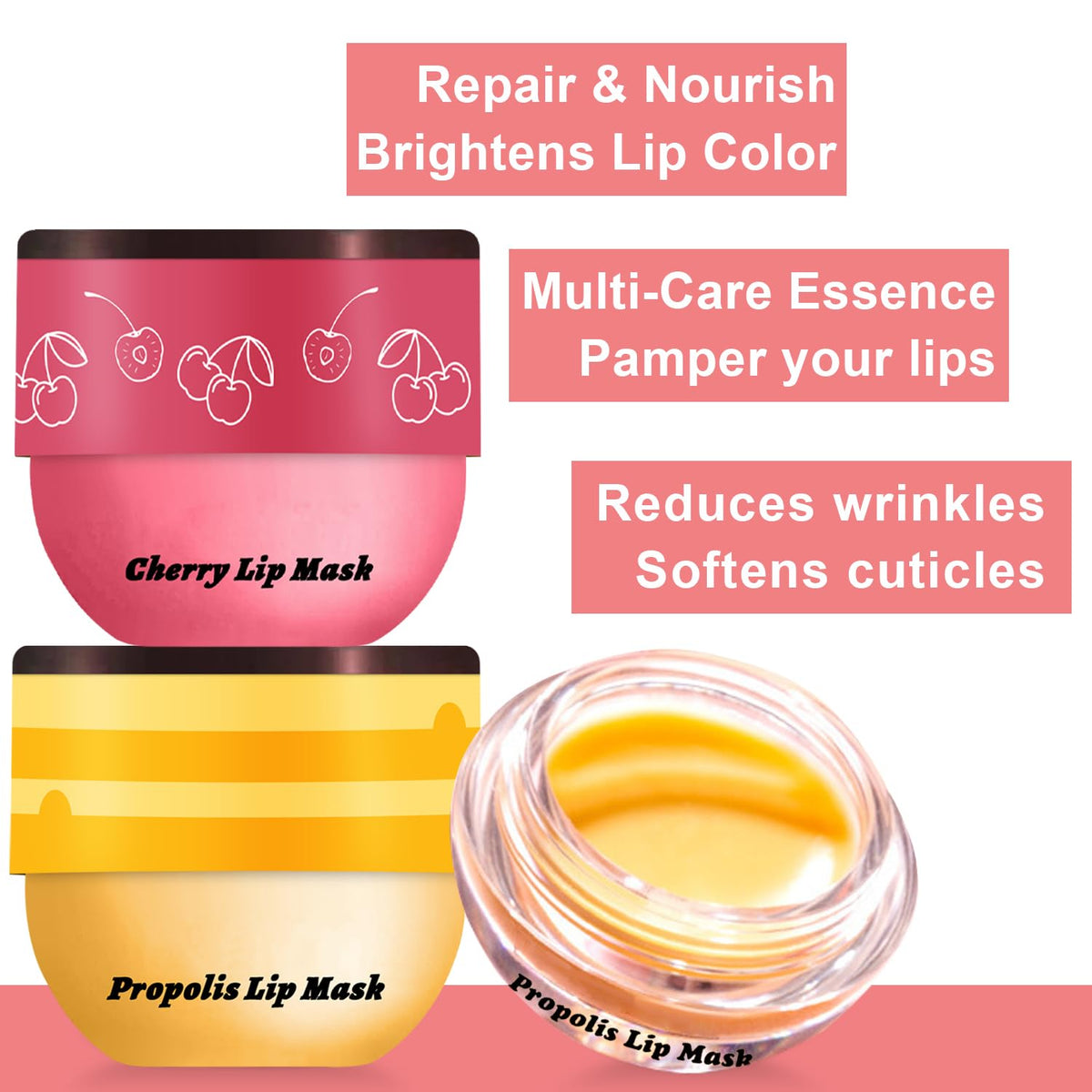 3 PCS Bee Lip Balm Mask Honey Pot, Watermelon, Cherry & Coconut Propolis Moisturizing, Hydrating