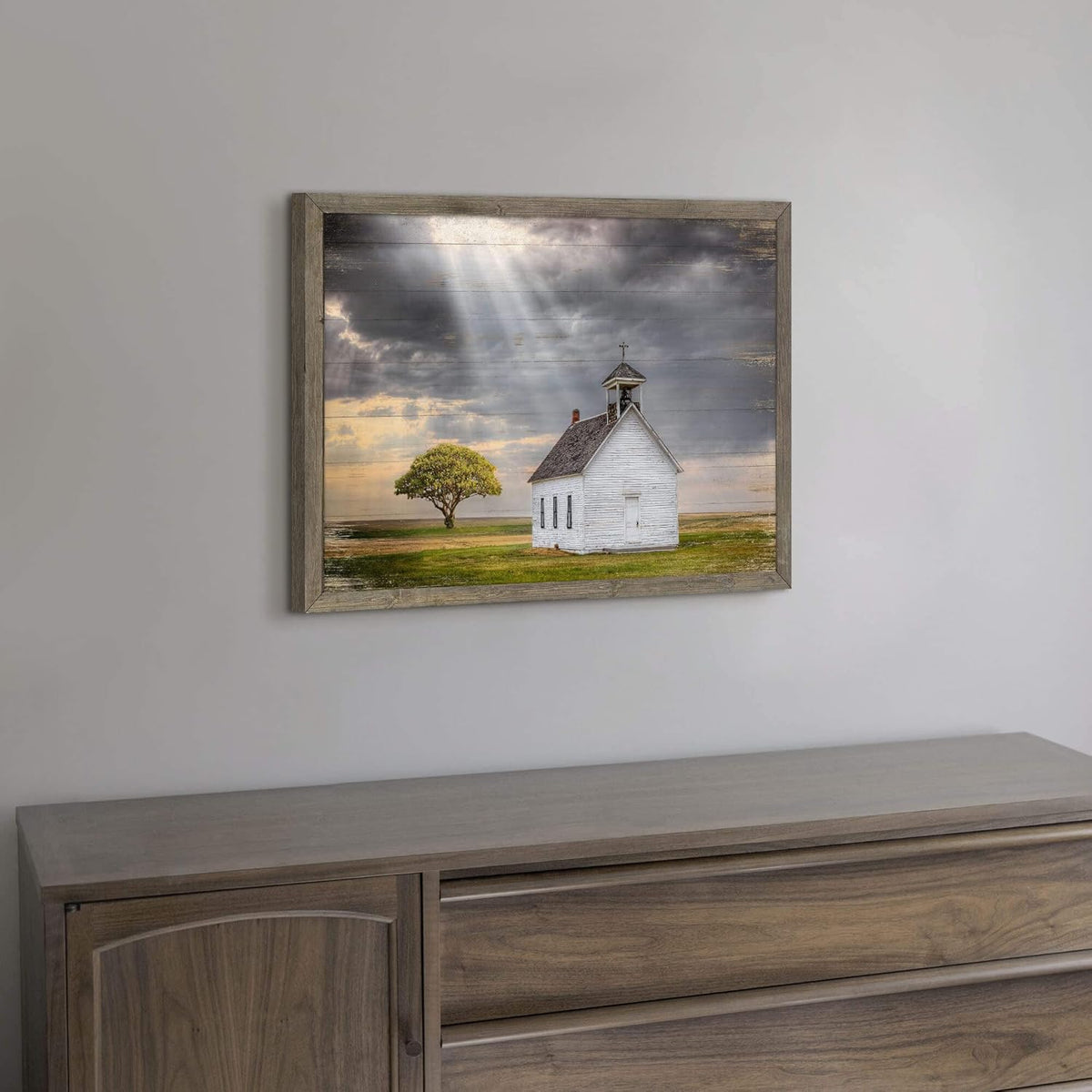 Beautiful Scene Wooden Art Framed: Little House under the Sun Wood Artwork Painting with Framed for
