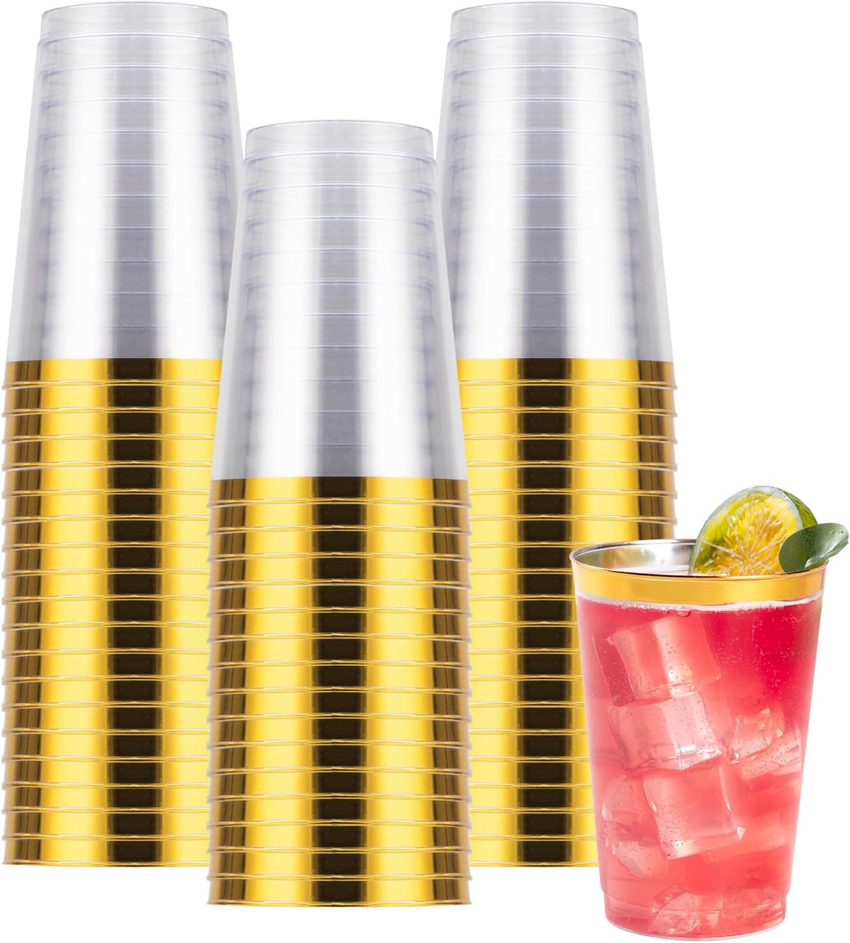 Goodluck 50PCS 12oz Gold Plastic Cups for Party, Disposable Gold Rim Cups, Plastic Cocktail Glasses