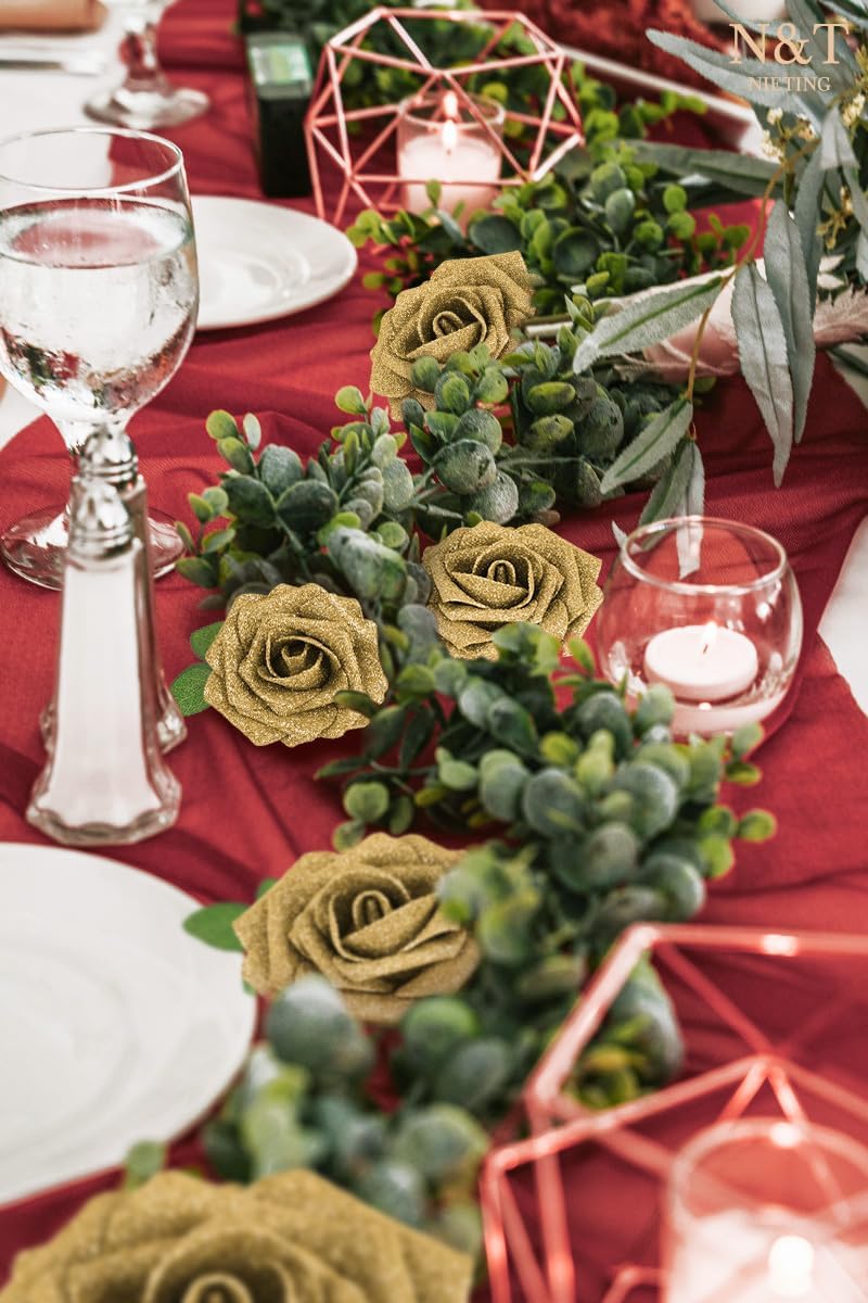 N&T NIETING Artificial Flowers Glowing Gold Flowers Foam 25pcs Glitter Roses Real Looking Fake