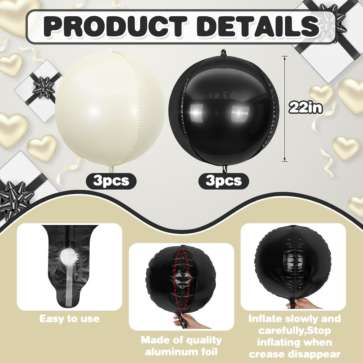 6Pcs Black Sand White Round Foil Balloons,Giant 4D Round Ball Balloon,22 Inch Balloons for Birthday