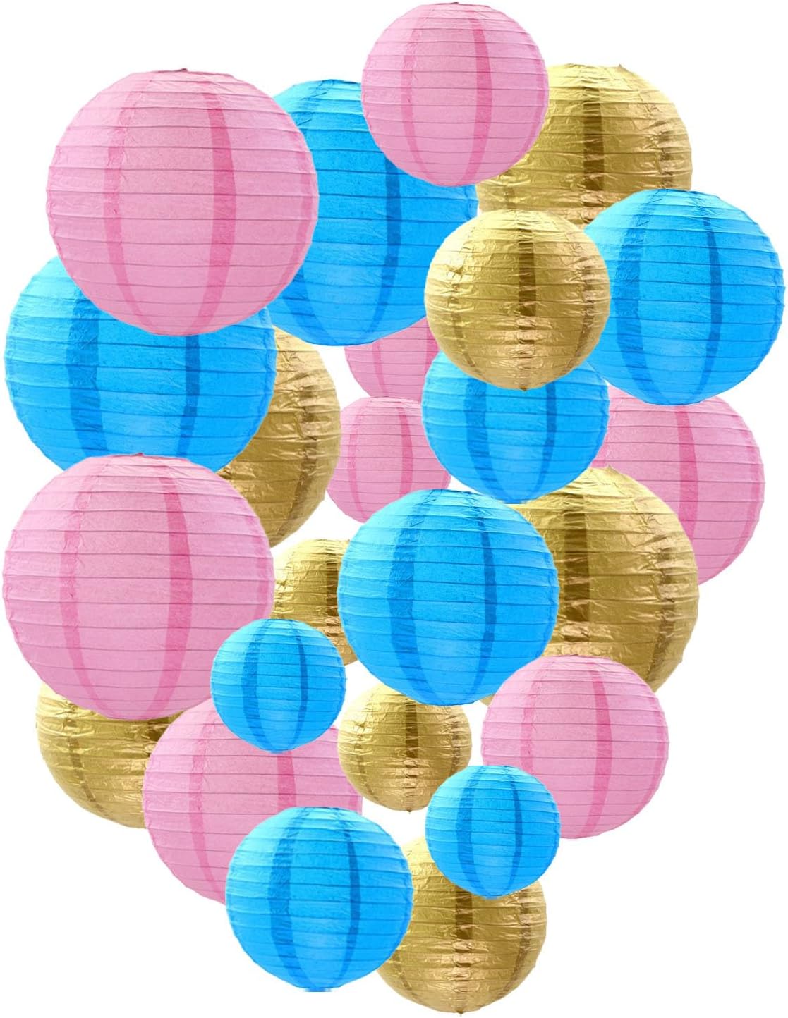 Tim&Lin Gender Reveal Decorations Paper Lanterns, Pink Blue Gold Paper Lanterns Decorative