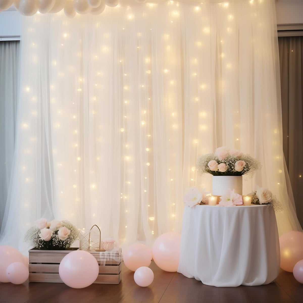 30×10ft White Tulle Backdrop Curtain with Lights String for Parties, Sheer Photo Backdrop Curtains