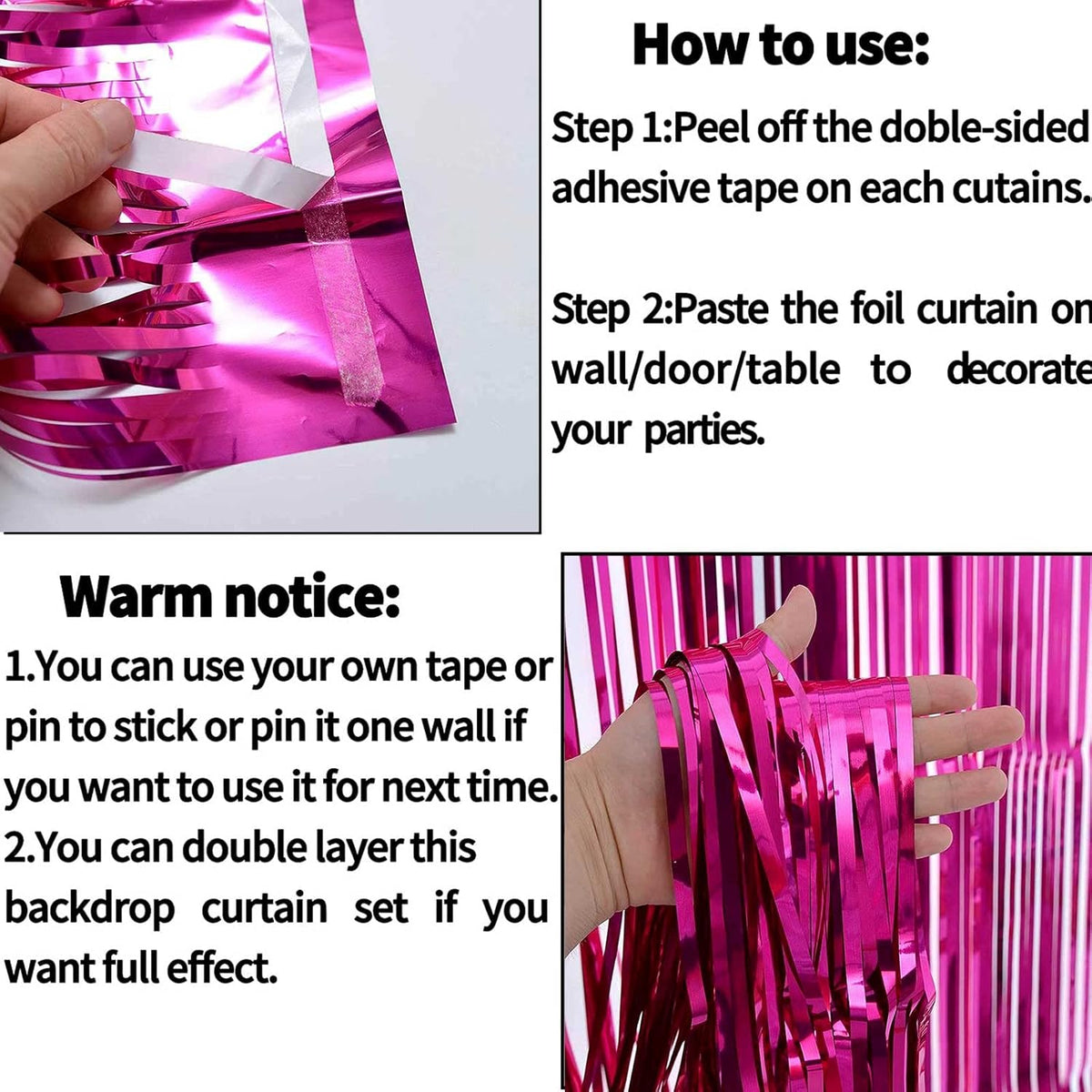 Pack Fuchsia Foil Fringe Curtain Backdrop, 3.28Ft x 9.84Ft Metallic Tinsel Foil Fringe Streamers
