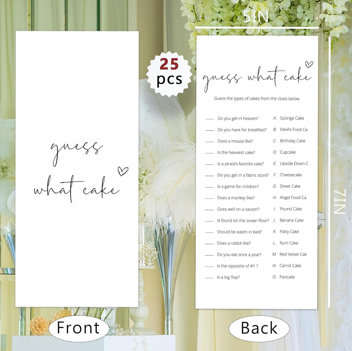 Bridal Shower Games, What Cake, 25Pcs 4x9inch Minimalist White Double-Sided Bridal Game Cards with
