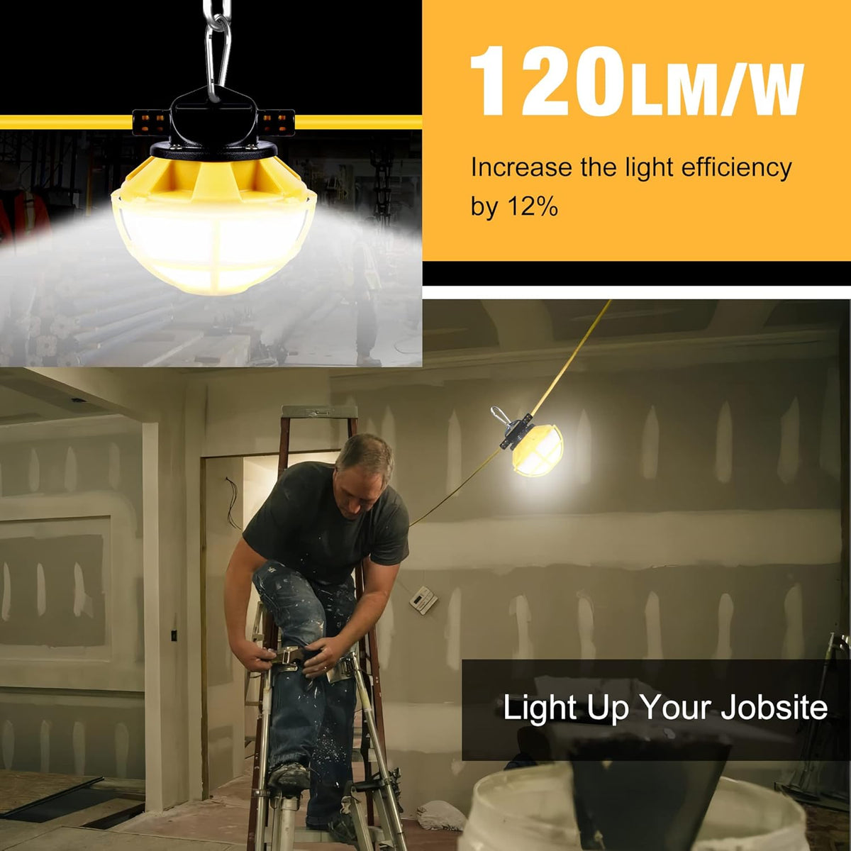 100FT Construction String Lights with Cage, IP65 Waterproof LED String Work Lights, 5000K Daylight