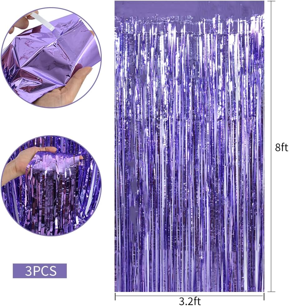 TONIFUL 3Pcs Light Purple Door Streamers Purple Photo Booth Backdrop Metallic Streamers Foil Fringe