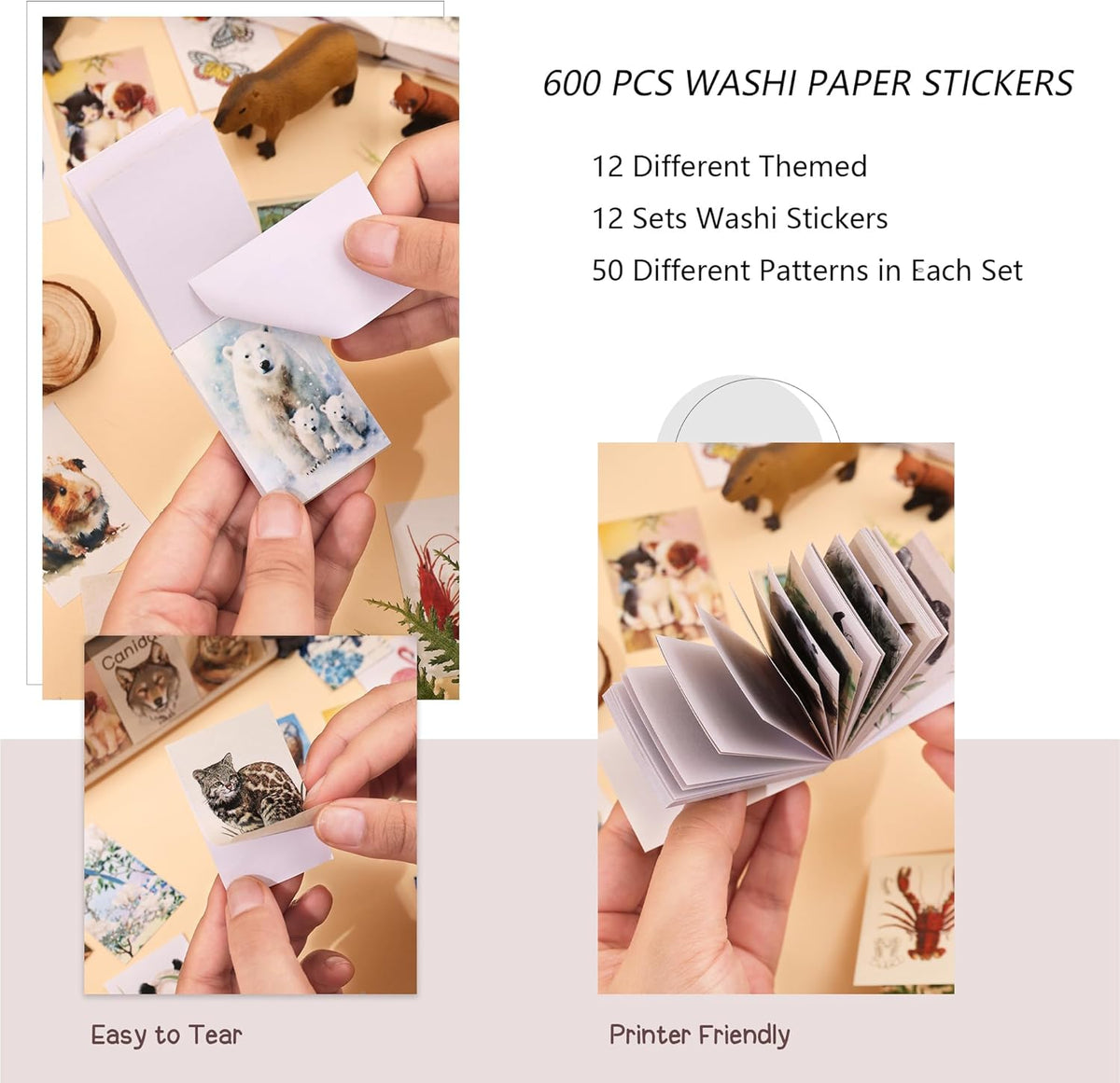 12 Sets 600 Sheets Washi Stickers Book for Journaling, Jungle Animal Sticker, Wild Zoo Sea Animal