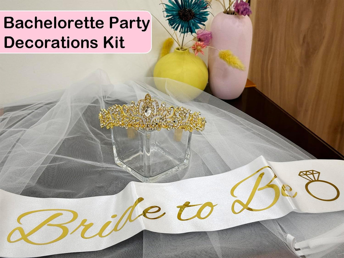 JETKONG 3 Pcs Bachelorette Party Decorations Bridal Shower Crown, Bride to Be Sash&Veil for Women