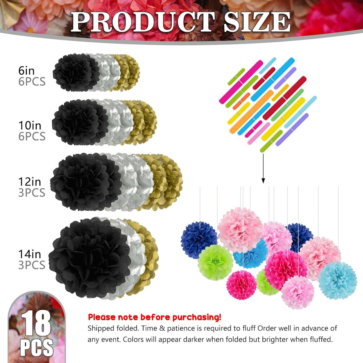 Tissue Paper Pom Poms, Black Gold Silver Tissue Paper Flowers, Hanging Flower Balls for Weddings