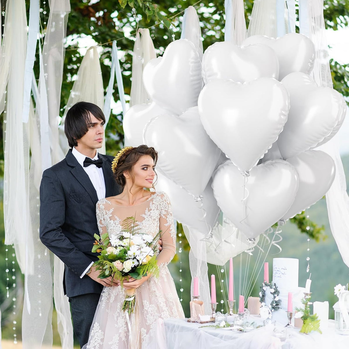 White Heart Foil Balloons, 18 Inch, 12Pcs Large Helium Balloons for Wedding, Birthday, Baby Shower