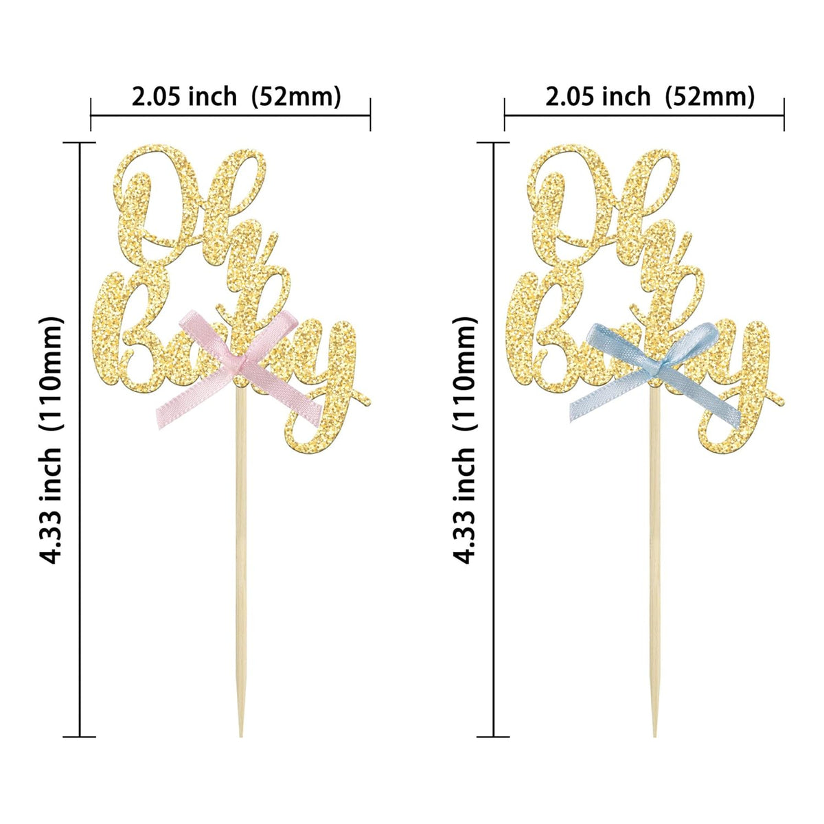 Gyufise 36Pcs Oh Baby Cupcake Toppers with Blue Pink Bowknot Gold Glitter Baby Shower Cupcake Picks