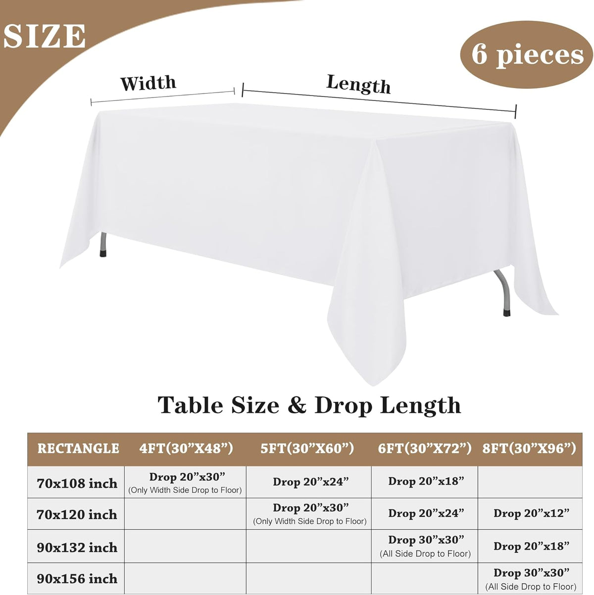 Fitable White Table Clothes for Rectangle Tables, 6 Pack - 90 x 156 Inch - Reusable and Elegant
