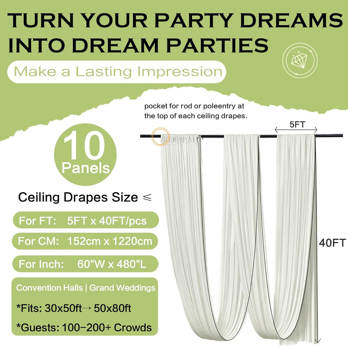 PartyVillage 50ftx40ft Ivory Ceiling Curtain for Wedding Parties – 10 Panels Wrinkle-Free 40 FT
