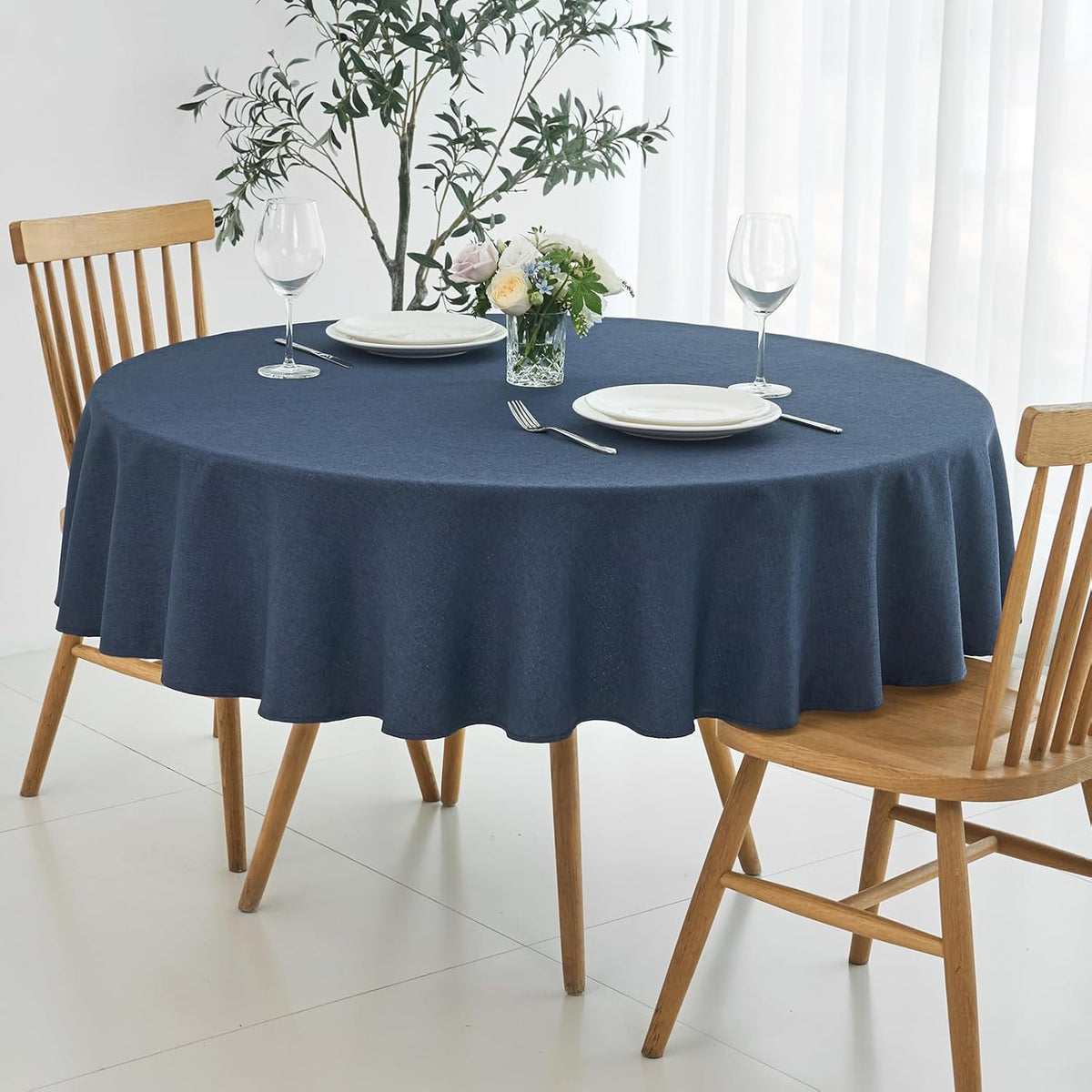 maxmill Round Linen Textured Tablecloth Spill-Proof Stainproof Wrinkle Free Washable Fabric Table
