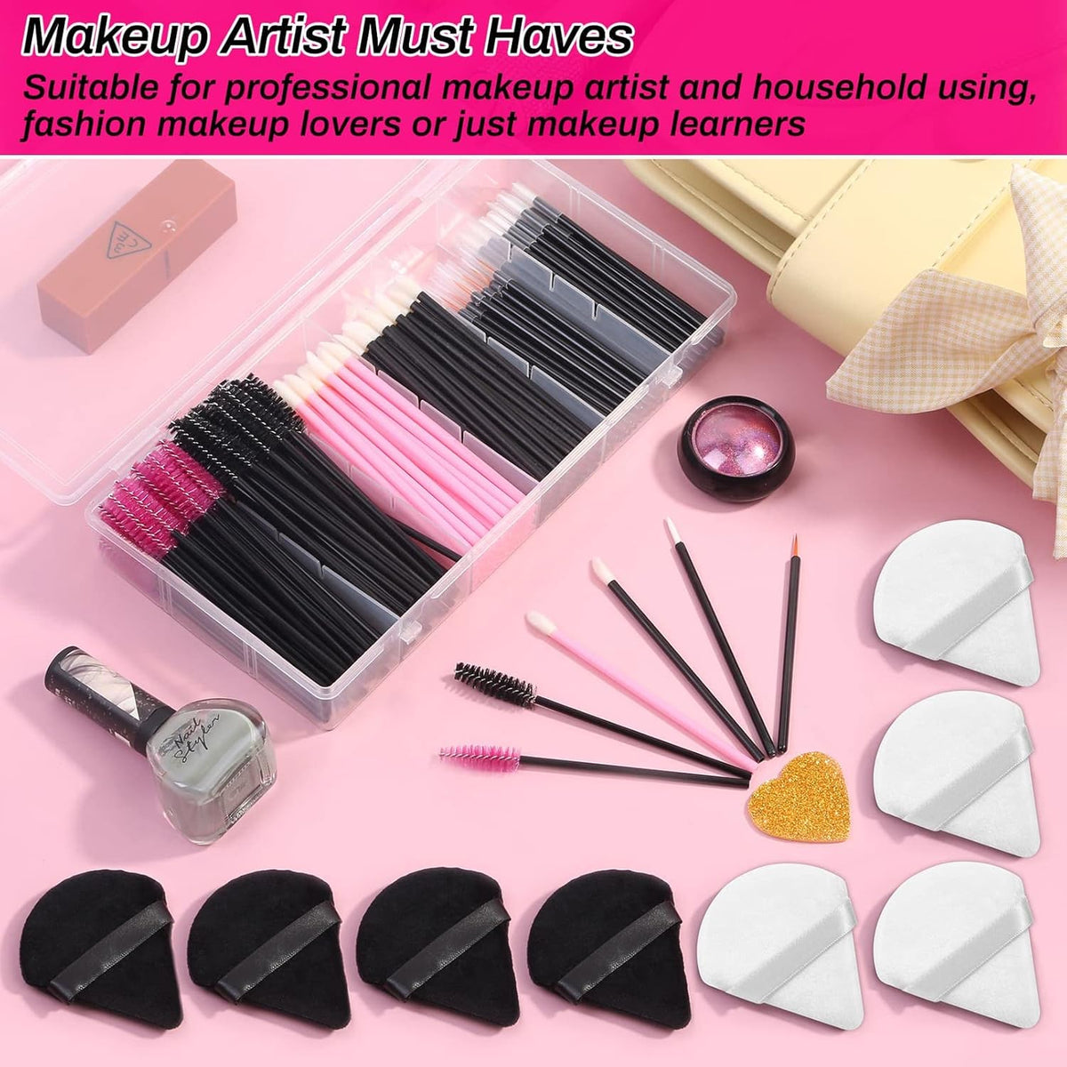 Disposable Makeup Accessories with Makeup Applicators Triangle Makeup Puffs, Mascara wands