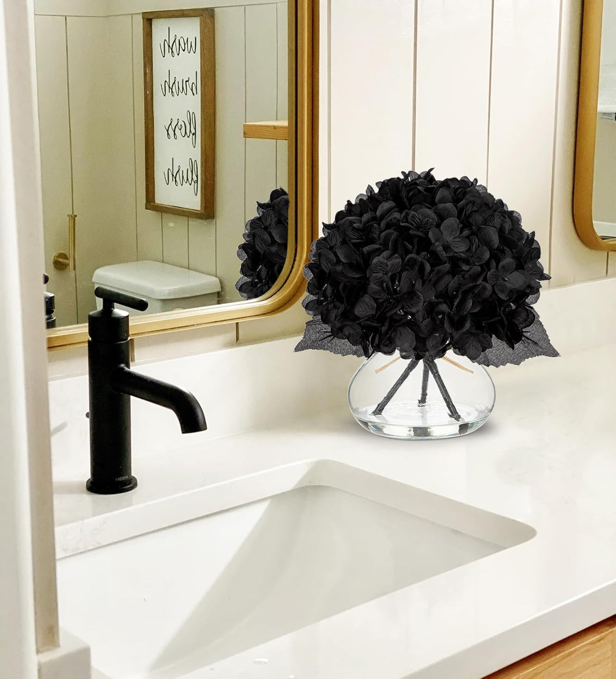Hollyone Hydrangea Fall Flowers Artificial for Decoration with Glass Vase Black Silk Faux Flowers