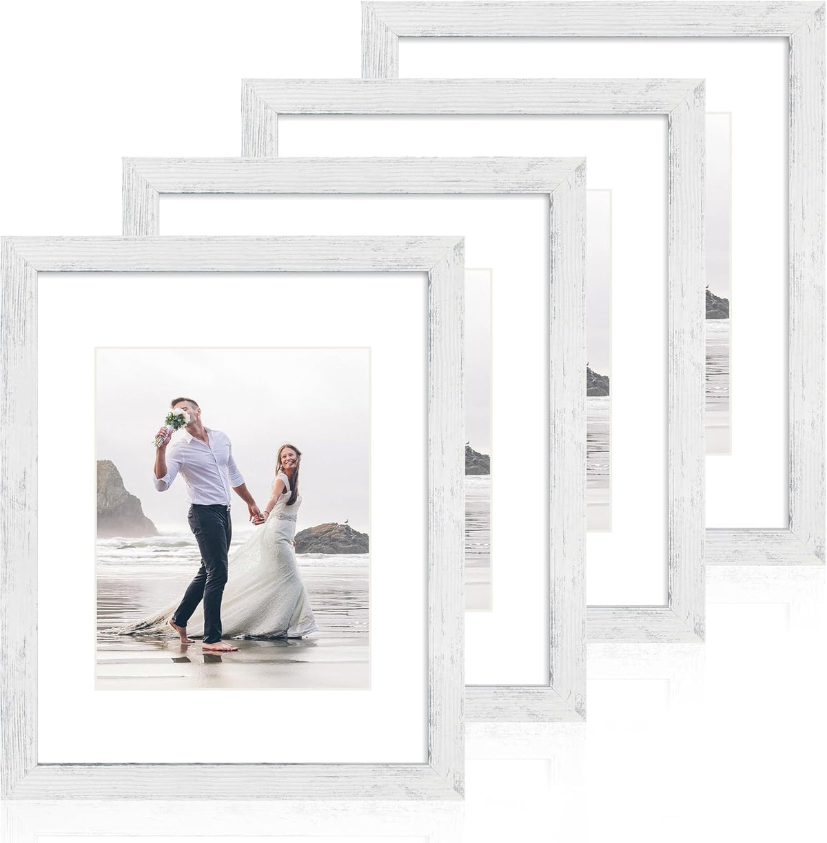 11x14 Picture Frame Set of 4 with Tempered Glass, Distressed White Frame Display 8x10 Picture with