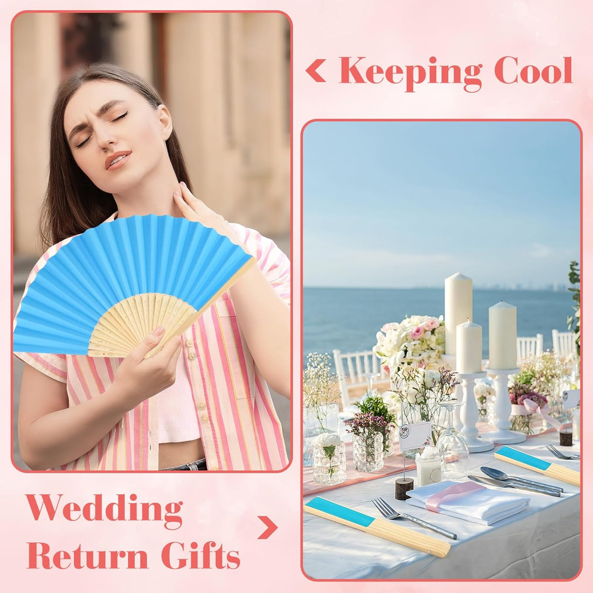 12 Pieces Blue Hand Held Bamboo Folding Fans Paper Fans Handheld for Women Foldable Girls Wedding