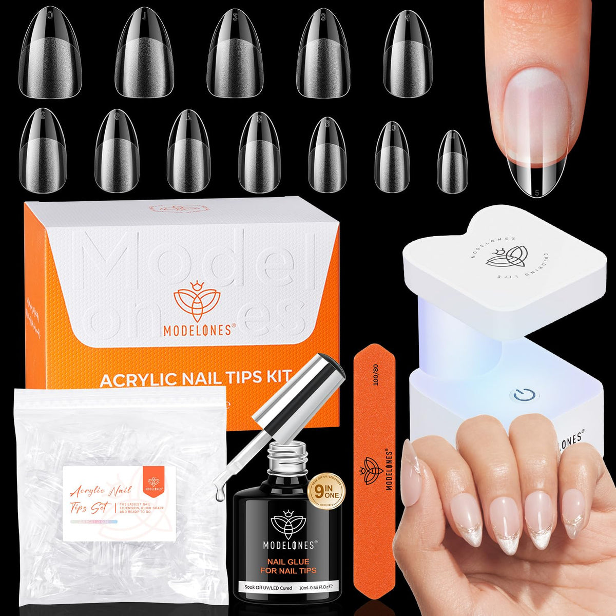 modelones Short Almond Gel Nail Tips Kit, 9-in-One Nail Glue with Portable U V Lamp 216Pcs 12Sizes