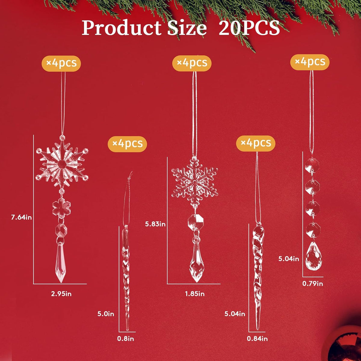 20pcs Christmas Ornaments Set for Tree - Hanging Acrylic Crystal Snowflake Icicle Drop Decorations