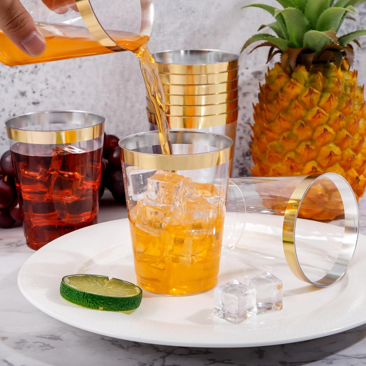 DaYammi 200 Pack Gold Plastic Cups 10 Oz Clear Plastic Cups Gold Rimmed Disposable Wine Glasses
