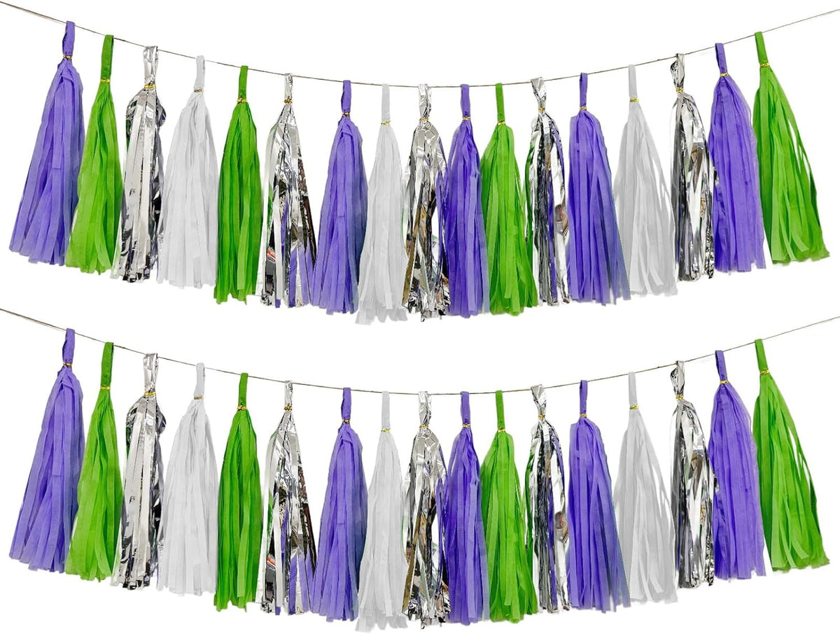 Tissue Paper Tassel Garland Banner, Purple Green Silver White, 20 PCS, Party Decorations for