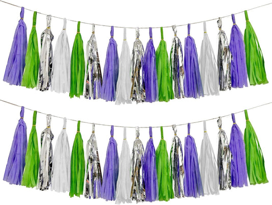 Tissue Paper Tassel Garland Banner, Purple Green Silver White, 20 PCS, Party Decorations for