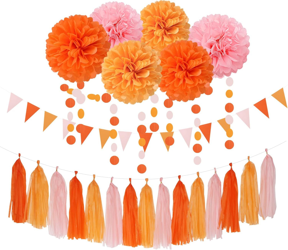 Pink-Orange Groovy Party-Decorations Pom-Poms Streamers - 23pcs Fall Autumn Thanksgiving Harvest