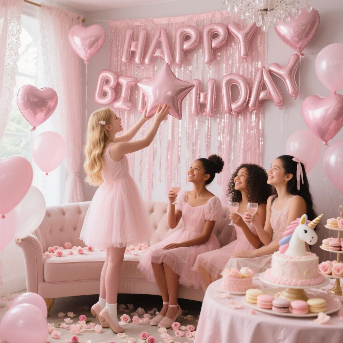 29 Pcs Pink Birthday Party Decorations - Happy Birthday Balloons Banner Baby Pink, Heart & Star